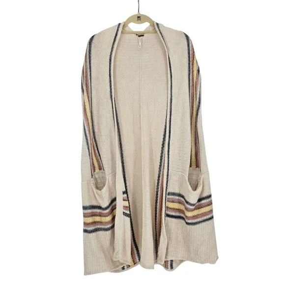 Free People Deck Chair Knit Sweater Kimono Cardi Top M L Cream Stripe Coastal - Picture 2 of 10